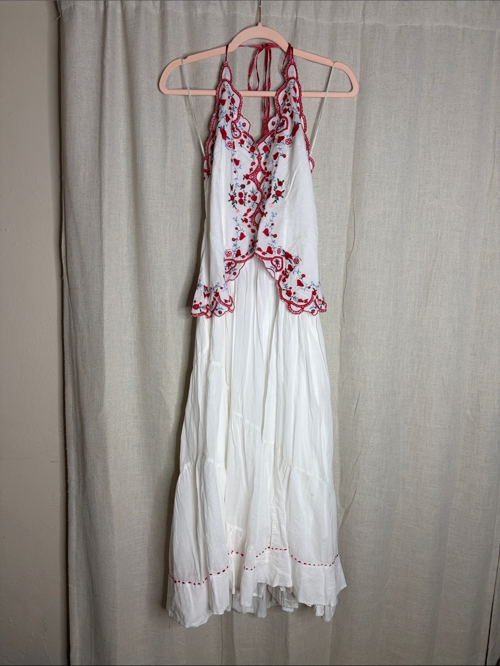 Free People White Maxi Dress with Red Embroidered Trim